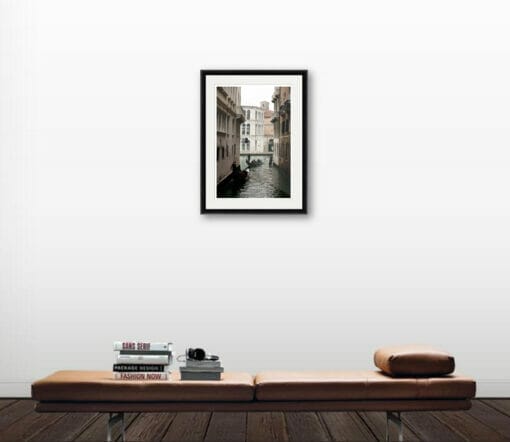 Magical photography of two gondolas navigating the narrow waterways of Venice Italy by Photographer Scott Allen Wilson. A print full of meaning with a story hiding behind it.