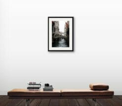 Framed photo taken in Venice, Italy by Photographer Scott Allen Wilson, of a narrow waterway and its bridges including The Bridge of Sighs at the end.
