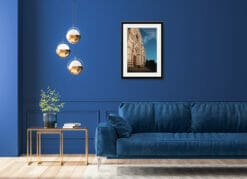The print captured by Photographer, Scott Allen Wilson of the church of Santa Croce in Florence, Italy, decorates a living room