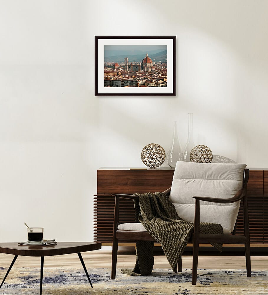 Print of Piazzale Michelangelo in Florence, Italy, hanging in a minimal cozy room. By Photographer Scott Allen Wilson.