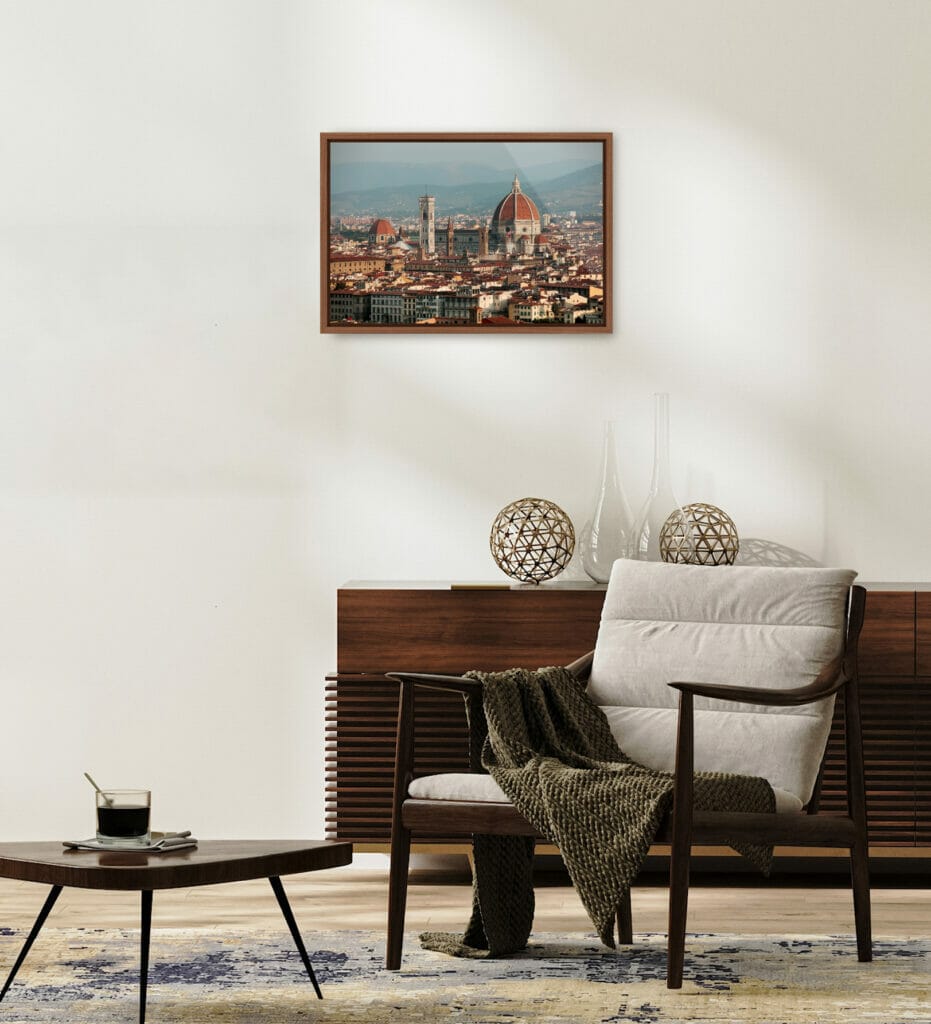 Print of Piazzale Michelangelo in Florence, Italy, hanging in a minimal living room. By Photographer Scott Allen Wilson.