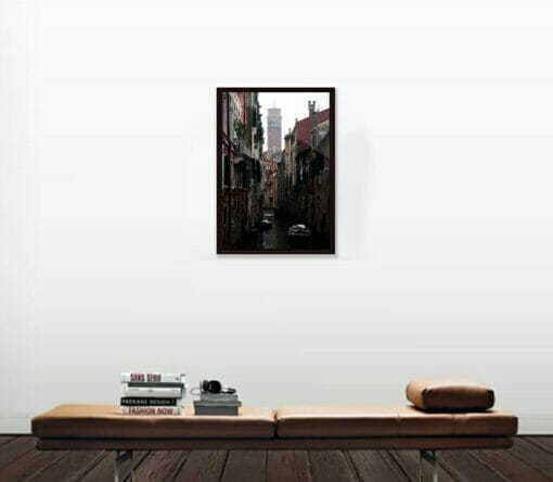 Calming framed photo of a waterway in Venice, Italy, taken by Photographer Scott Allen Wilson, with the Bell Tower of Santo Stefano standing in the background.