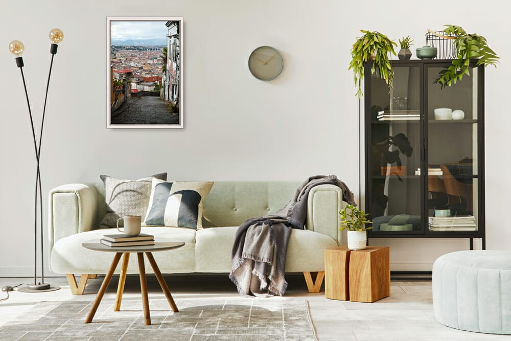 Living room design with a framed print of La pedamentina taken in Naples Italy by Photographer Scott Allen Wilson