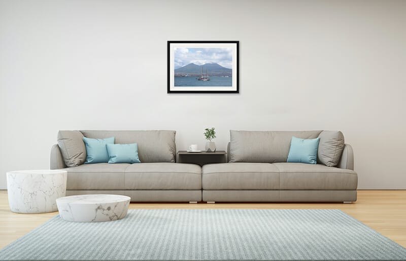 Living room design with Mount Vesuvio framed print taken in Naples Italy by Photographer Scott Allen Wilson