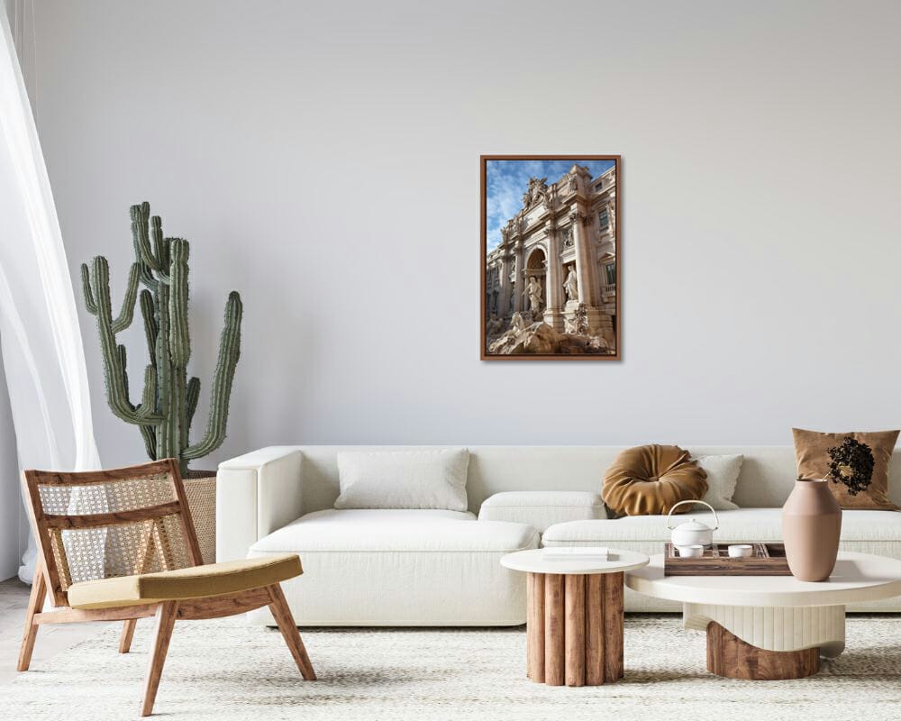 White living room decoration with wood frame of Trevi Fountain taken by Photographer Scott Allen Wilson