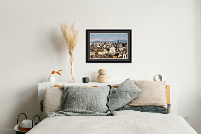 Modern bedroom design inspiration idea with classic framed print of Rome Italy by Photographer Scott Allen Wilson