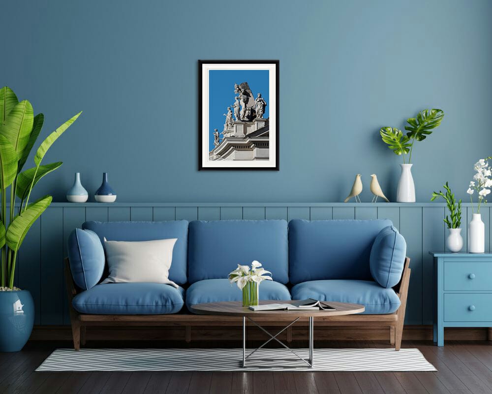 Blue living room decoration with a classic framed print of St. Peter's Basilica taken by Photographer Scott Allen Wilson