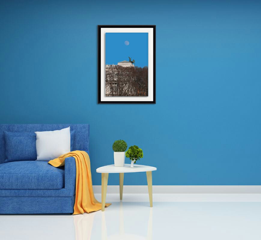 Blue living room decoration with a framed print of the Palace of Justice taken in Rome, Italy by Photographer Scott Allen Wilson