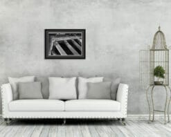 Vintage gray livingroom decoration adorned by black and white print of The Pantheon taken by Photographer Scott Allen Wilson