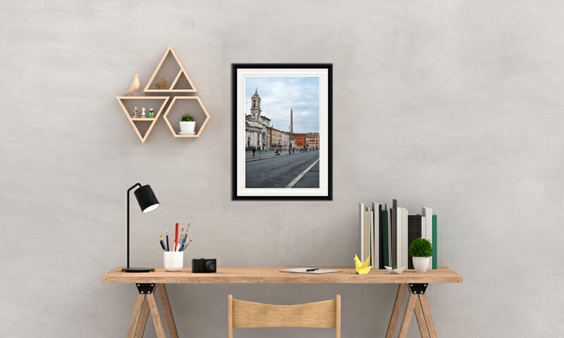 Office desk inspiration with colorful print of Piazza Navona taken by by Photographer Scott Allen Wilson