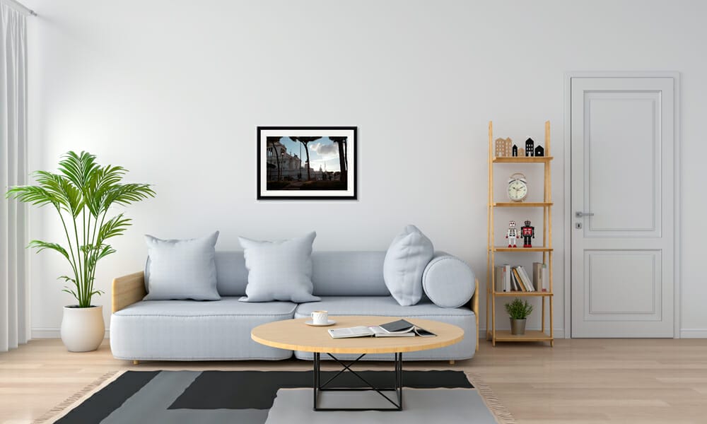 Soft blue living room decoration with La Fantasia print taken in Rome Italy by Photographer Scott Allen Wilson