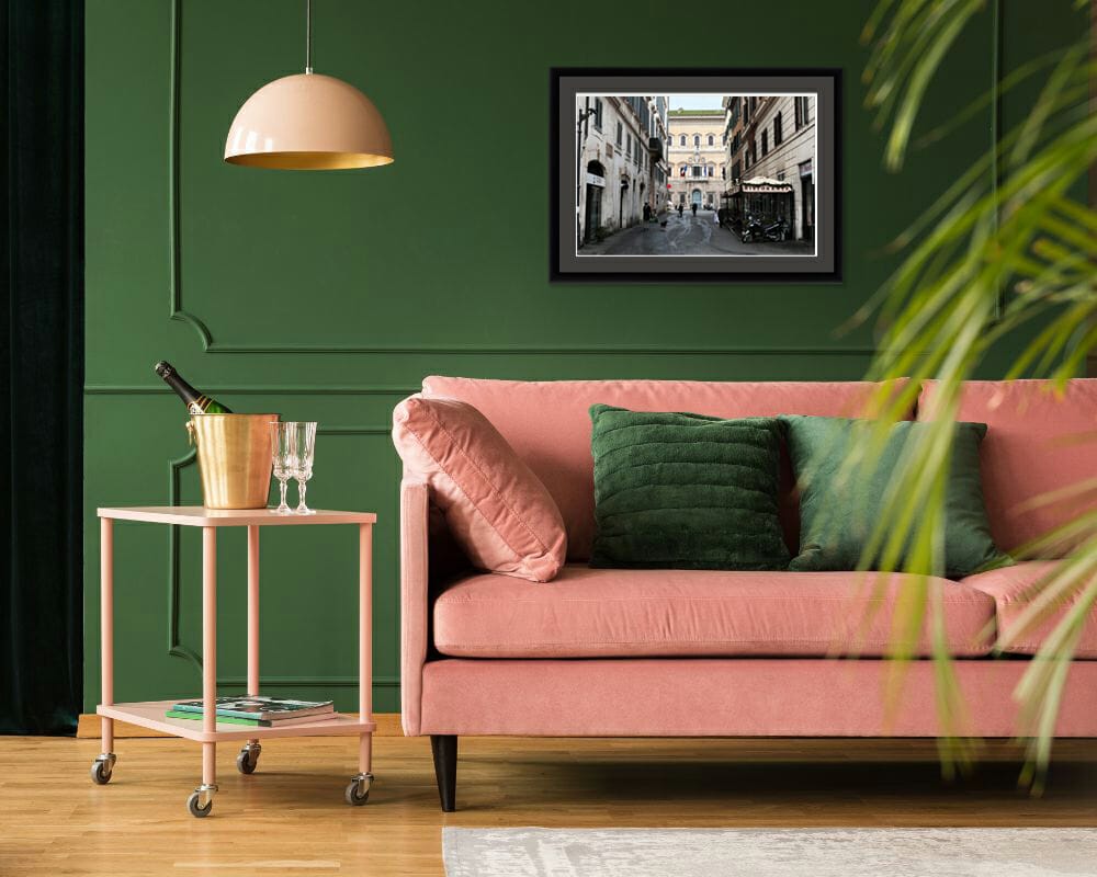 Green and pink living room decoration with a framed print of Palazzo Farnese taken by Photographer Scott Allen Wilson