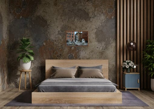 Bedroom interior design with framed print on top of the bed taken in Rome Italy by Photographer Scott Allen Wilson