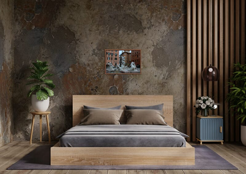Bedroom interior design with framed print on top of the bed taken in Rome Italy by Photographer Scott Allen Wilson
