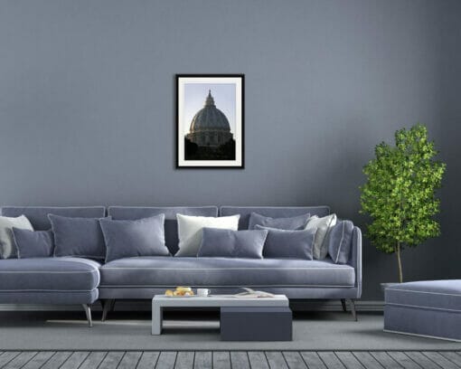 Blue living room decoration idea with elegant St. Peter's Basilica print taken by Photographer Scott Allen Wilson in Rome, Italy.