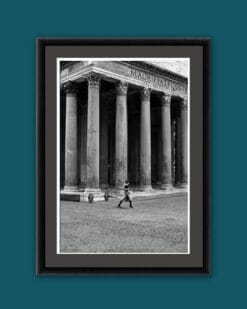 Black and white framed print of a lady walking in front of the Pantheon by Photographer Scott Allen Wilson in Rome, Italy.