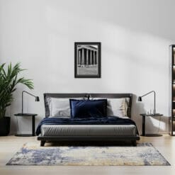 dark grey and blue decoration with framed print in black and white taken by Photographer Scott Allen Wilson in Rome, Italy