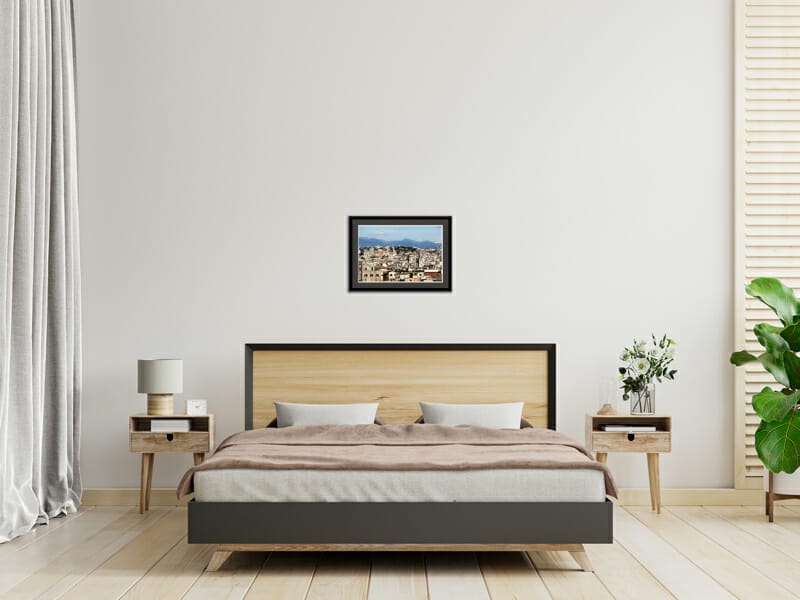 Modern bedroom decoration with framed print of Roman landscape taken by Photographer Scott Allen Wilson
