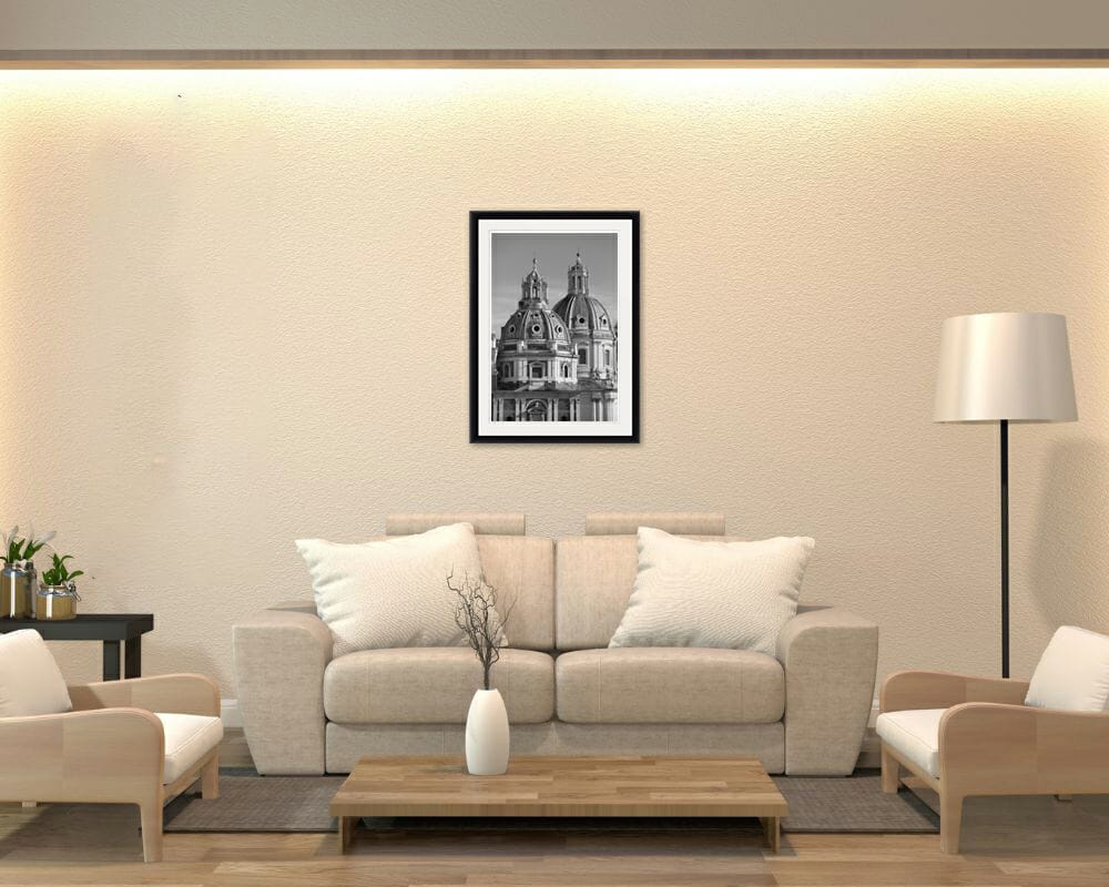 White living room decoration with elegant black and white print taken by Photographer Scott Allen Wilson in Rome, Italy