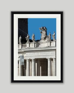Classic framed print portraying St. Peter’s Basilica located at St. Peter’s Square in the Vatican City, taken by Photographer Scott Allen Wilson in Rome, Italy.