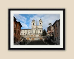 Architecture framed print of Spanish Steps guiding to the church of Trinità dei Monti taken from Piazza di Spagna by Photographer Scott Allen Wilson in Rome, Italy.