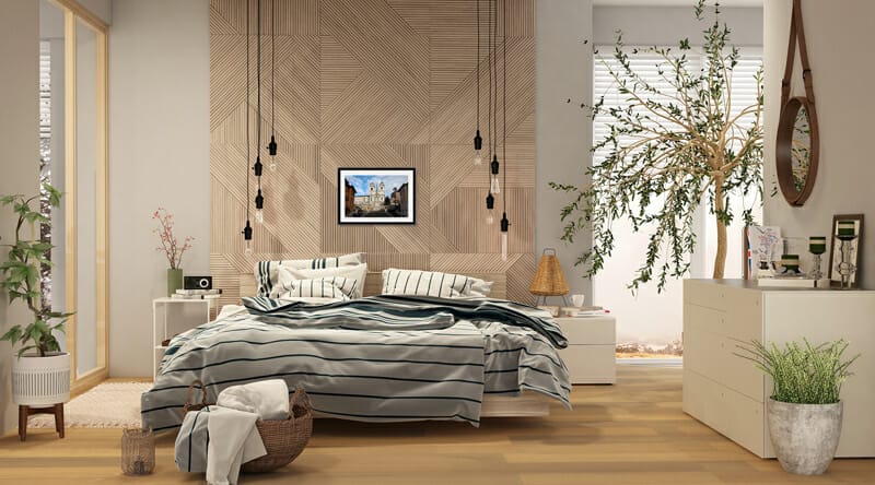 Bedroom decoration with framed print of Spanish Steps hanging on top of the bed and taken by Photographer Scott Allen Wilson