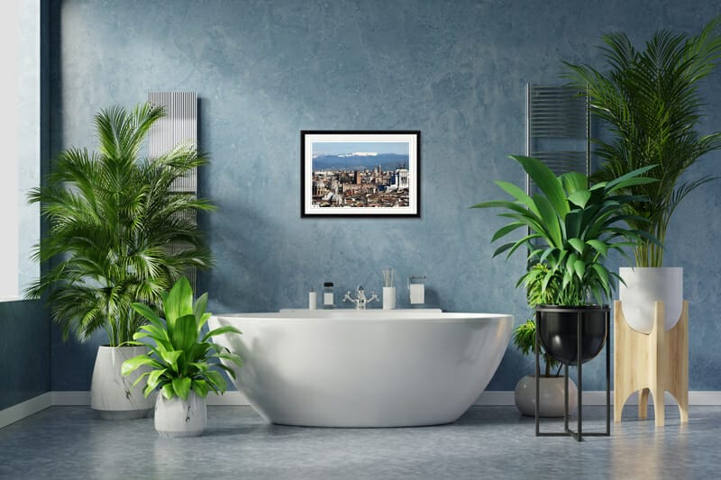 Modern bathroom design inspiration idea with classic framed print of Rome Italy by Photographer Scott Allen Wilson
