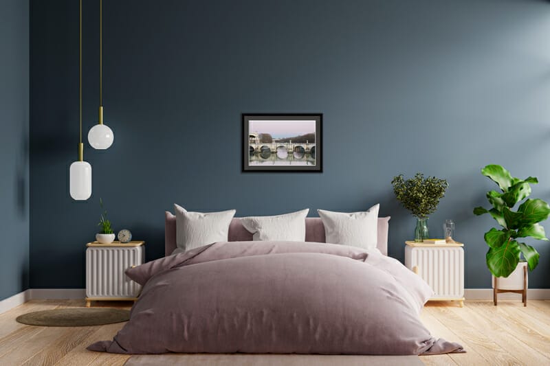 Bedroom decoration idea with framed print in pastel colors taken by by Photographer Scott Allen Wilson in Rome, Italy