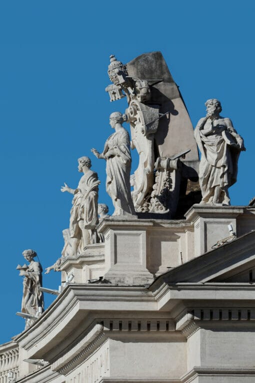 Zoomed in architecture photography of St. Peter’s Basilica taken in Rome, Italy by Photographer Scott Allen Wilson.