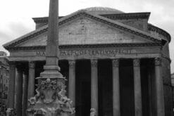 Black and white photography taken by Photographer Scott Allen Wilson in Rome, Italy, shows a front view of the Pantheon.
