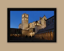 Black framed print of a beautiful night in the Basilica of Saint Francis located in Assisi, Italy captured by Photographer Scott Allen Wilson.