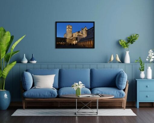 Blue living room decoration with a framed print of a night in the Basilica of Saint Francis located in Assisi, Italy captured by Photographer Scott Allen Wilson.