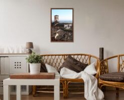Cozy wooden living room decoration with a framed print of Abbey of Saint Peter taken in Assisi, Italy by Photographer Scott Allen Wilson.