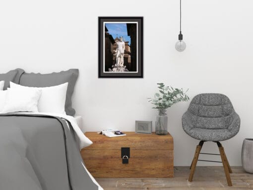 Moder gray decoration with grey and black framed print of Statue of Neptune taken by Photographer Scott Allen Wilson