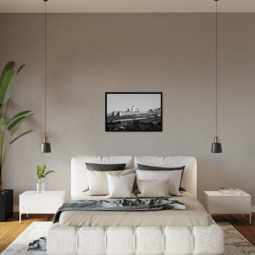 Modern black and white bedroom decoration with a straight black framed print of the Basilica of Sain francis taken in Assisi, Italy by Photographer, Scott Allen Wilson.