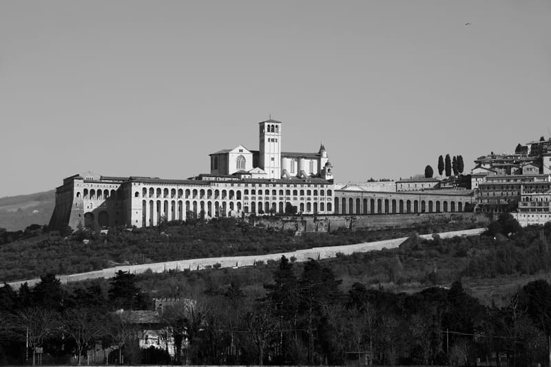 Black and white picture of the Basilica of Sain francis taken in Assisi, Italy by Photographer and Digital Artist, Scott Allen Wilson.