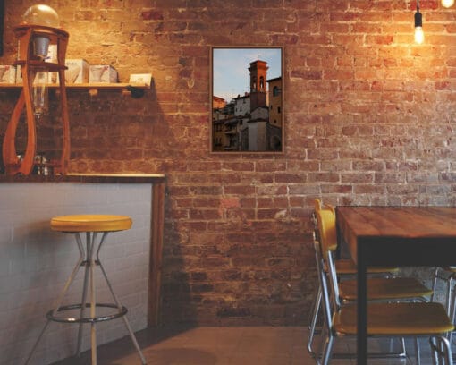 Cozy bar or cafeteria decoration with wooden framed print fo Florence, Italy taken by Photographer Scott Allen Wilson