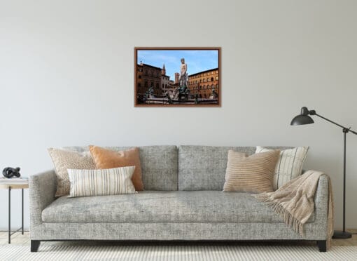 Modern living room decoration in earth colors with a wooden framed print of Statue of Neptune in Florence, by Photographer Scott Allen Wilson