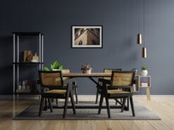 Dining room decoration in blue tones with framed print of Palazzo Medici Ricciardi in Florence, taken by Photographer Scott Allen Wilson