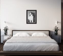 Minimalist bedroom decoration with black and white print taken in Florence by Photographer Scott Allen Wilson