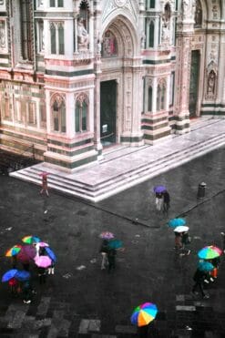 In Florence, Italy, Photographer and Digital Artist, Scott Allen Wilson, captures a view of Piazza Del Duomo with colorful umbrellas on the street.
