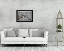 Vintage white and gray decoration with a framed print of a lion statue in Florence, Italy taken by Photographer Scott Allen Wilson