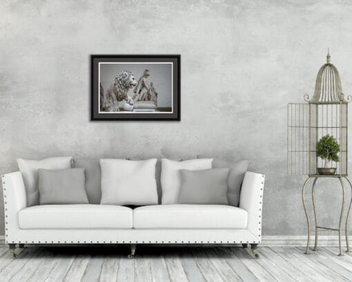 Vintage white and gray decoration with a framed print of a lion statue in Florence, Italy taken by Photographer Scott Allen Wilson