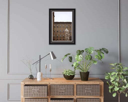 Gray minimalist decration with plants and a framed print of Statue of Neptune taken in Florence, Italy by Photographer Scott Allen Wilson