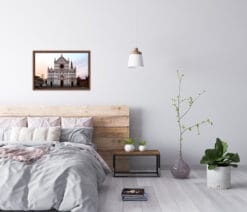 Pastel bedroom decoration with wooden framed print of Santa Croce in the morning by Photographer Scott Allen Wilson