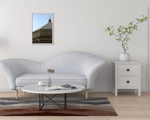 Modern living room decoration with white framed print of The Baptistery, In Florence, Italy by Photographer Scott Allen Wilson