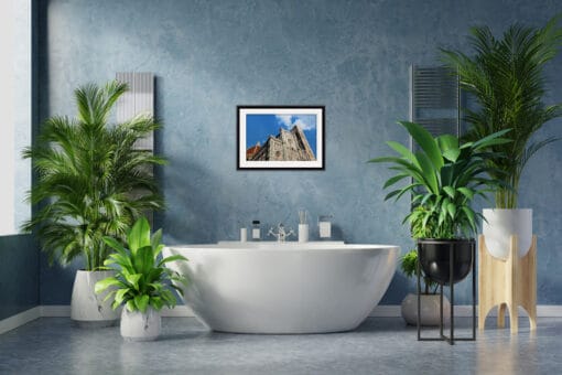 Blue bathroom decoration with framed print of the Florence Cathedral taken by Photographer Scott Allen Wilson