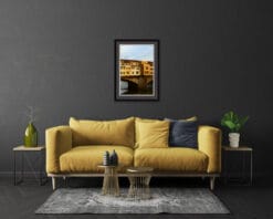 Gray and yellow living room decoration with colorful print of Ponte Vecchio taken in Florence, Italy by Photographer Scott Allen Wilson