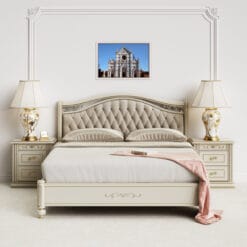 Vintage and classy beige bedroom decoration with framed print of Santa Croce taken by Photographer Scott Allen Wilson