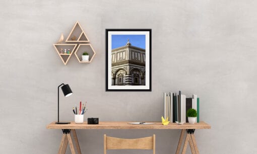 Minimalist modern desk design with architecture framed print of The Baptistery in Florence, Italy taken by Photographer Scott Allen Wilson